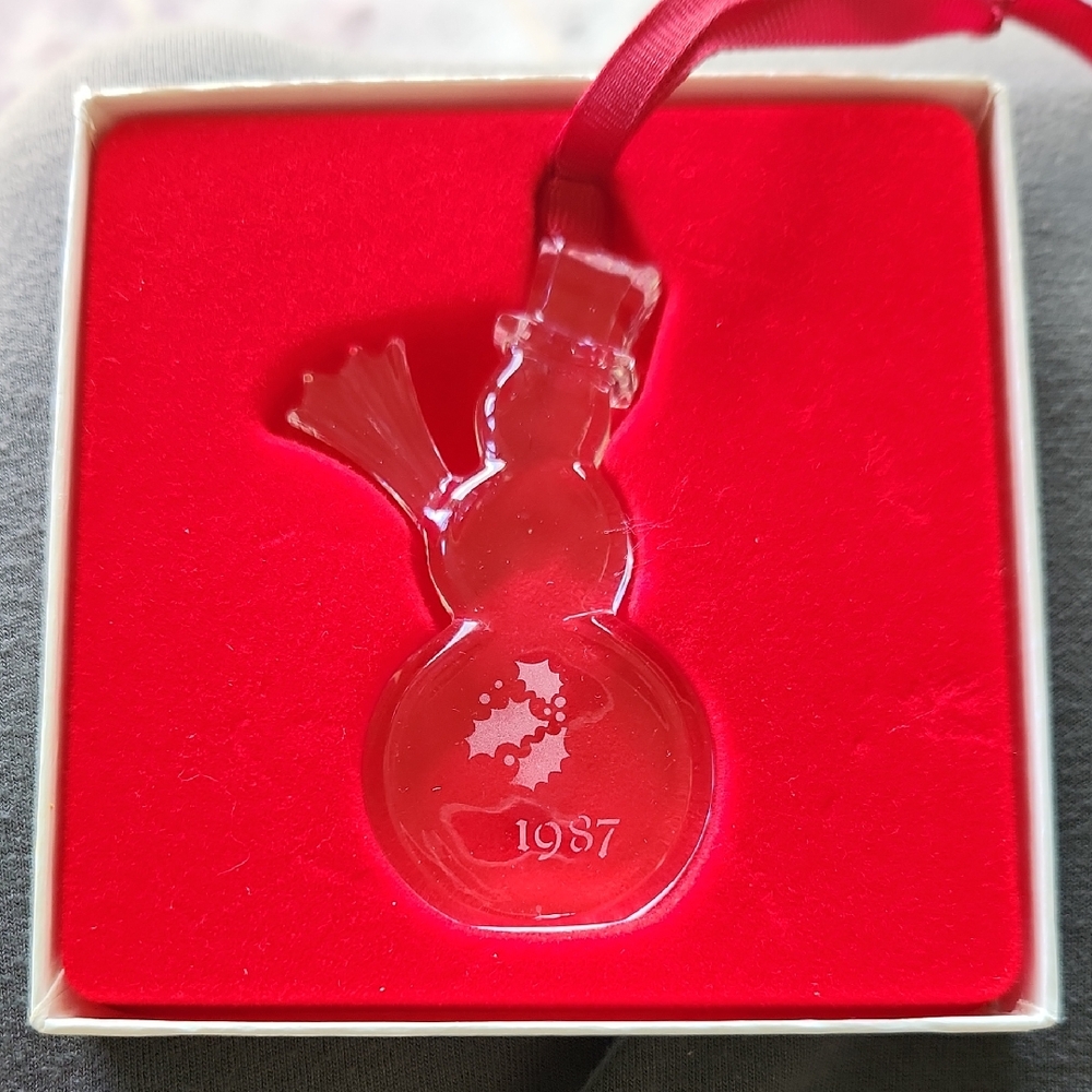 Orrefors Crystal 1987 Snowman Ornament with Red Ribbon